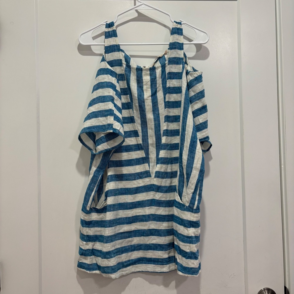 Soft Surroundings Blue White Striped Linen Blend Cold Shoulder Tunic Top M 29299